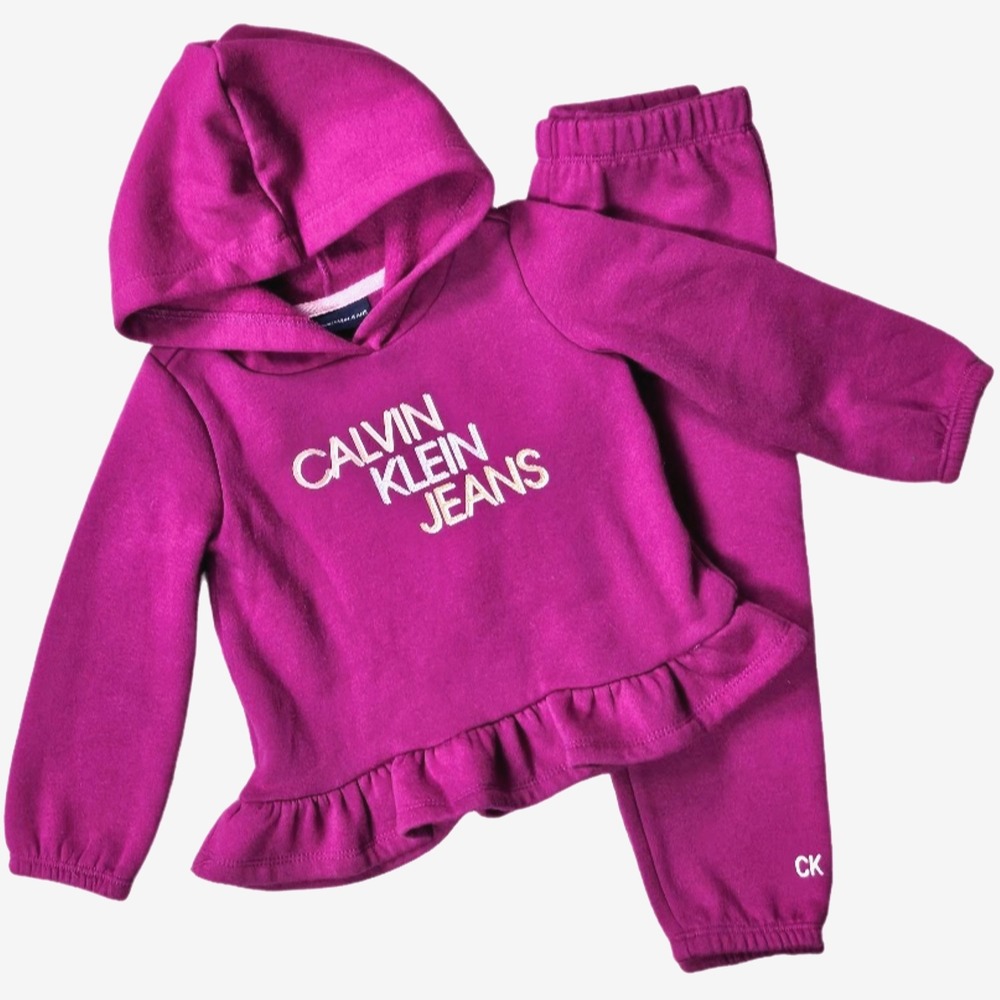 Calvin Klein Toddler Girl 2T Hooded Sweatshirt 2pc Outfit Set Purple Pink Ruffle